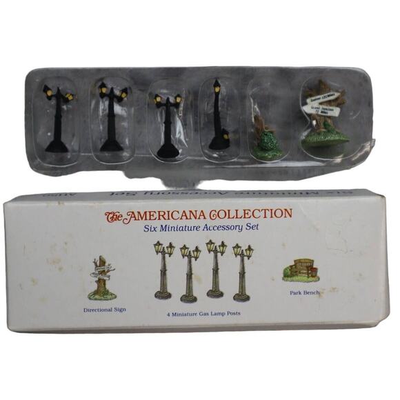 The Americana Collection Miniature Accessory Set Gas Lamp Posts Park Bench Sign - Picture 1 of 16